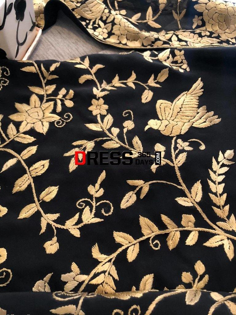 Black Gold Hand Embroidered Parsi Gara Suit (Three Piece) Suits