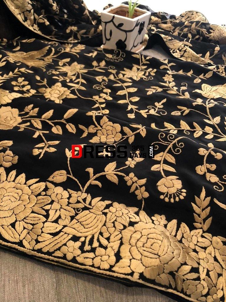 Black Gold Hand Embroidered Parsi Gara Suit (Three Piece) Suits