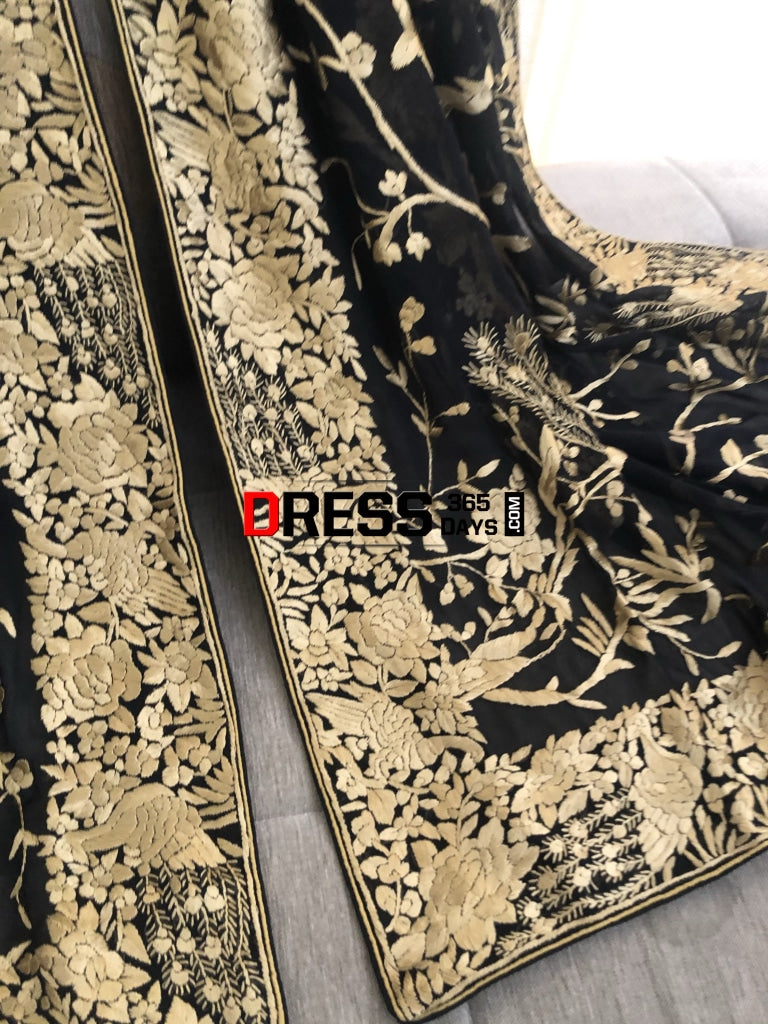 Black & Gold Parsi Gara Hand Embroidered Dupatta