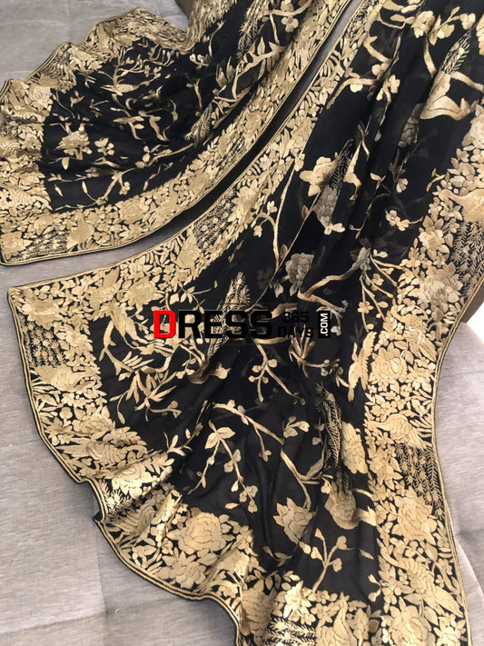 Black & Gold Parsi Gara Hand Embroidered Dupatta