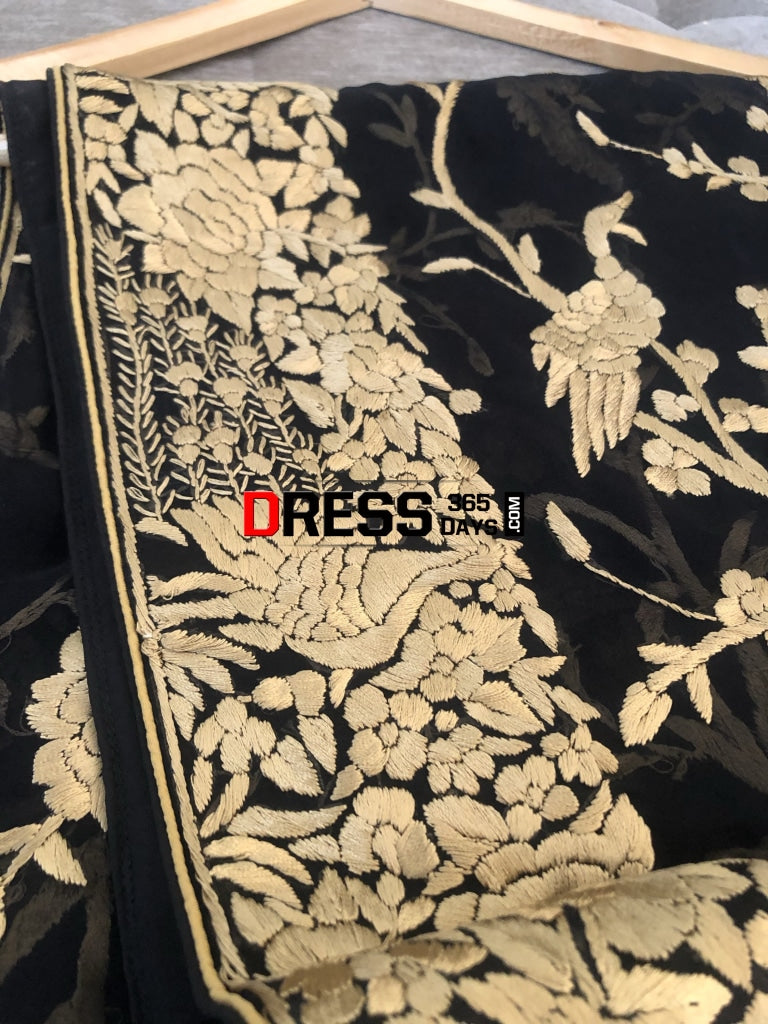 Black & Gold Parsi Gara Hand Embroidered Dupatta