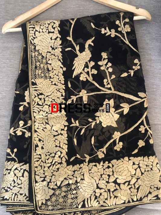 Black & Gold Parsi Gara Hand Embroidered Dupatta