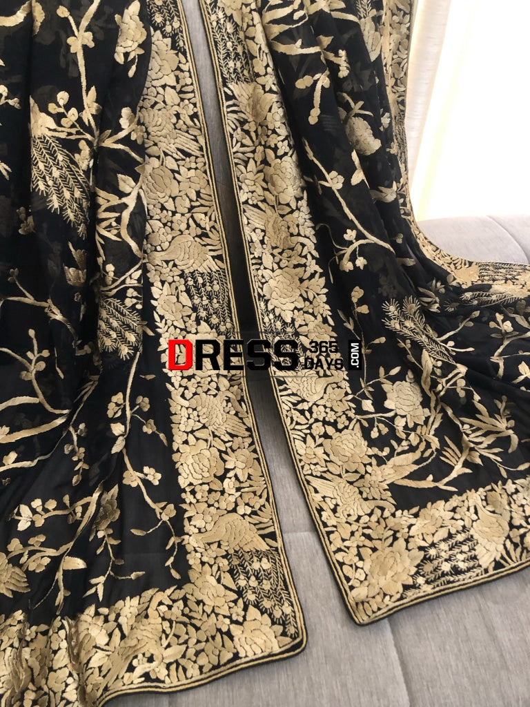 Black & Gold Parsi Gara Hand Embroidered Dupatta
