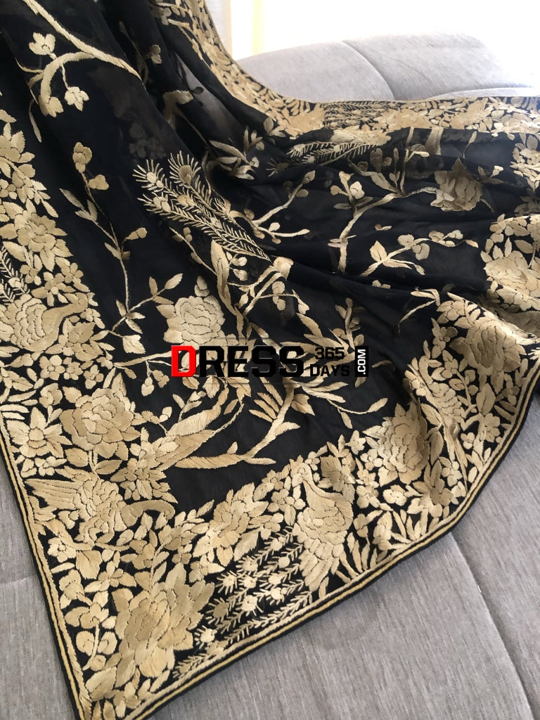 Black & Gold Parsi Gara Hand Embroidered Dupatta