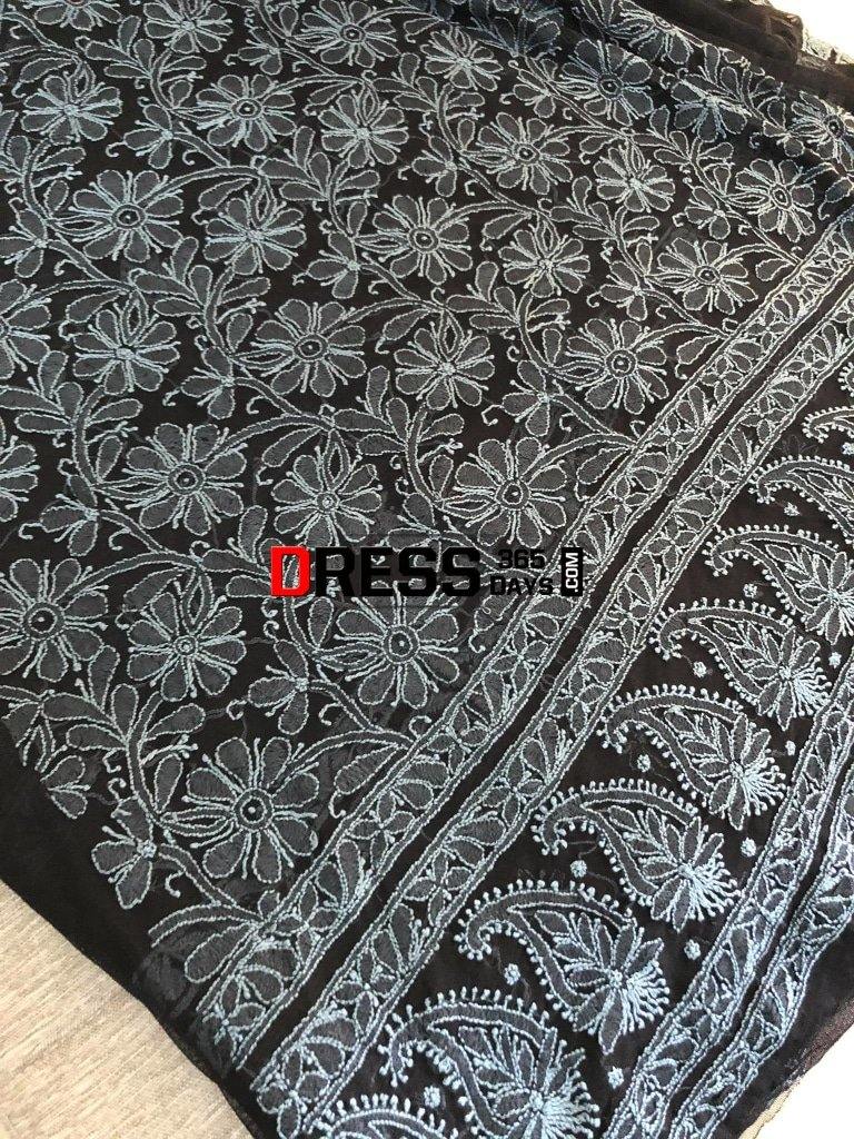 Black Hand Embroidered Net Lucknowi Chikankari Suit Suits