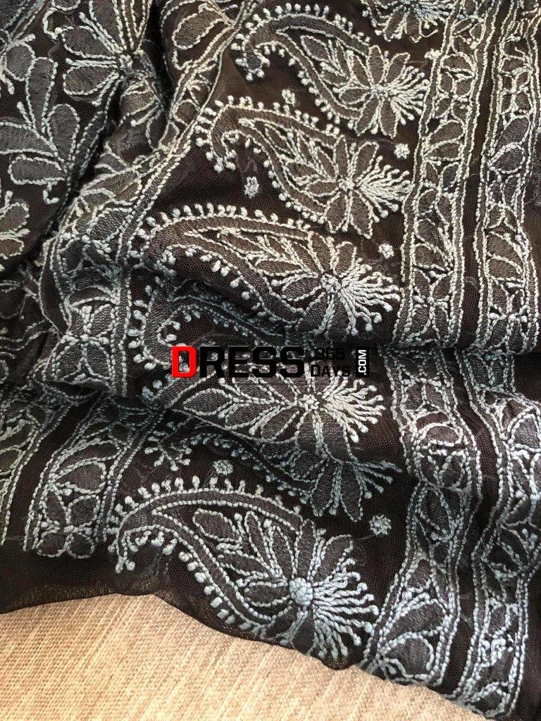 Black Hand Embroidered Net Lucknowi Chikankari Suit Suits