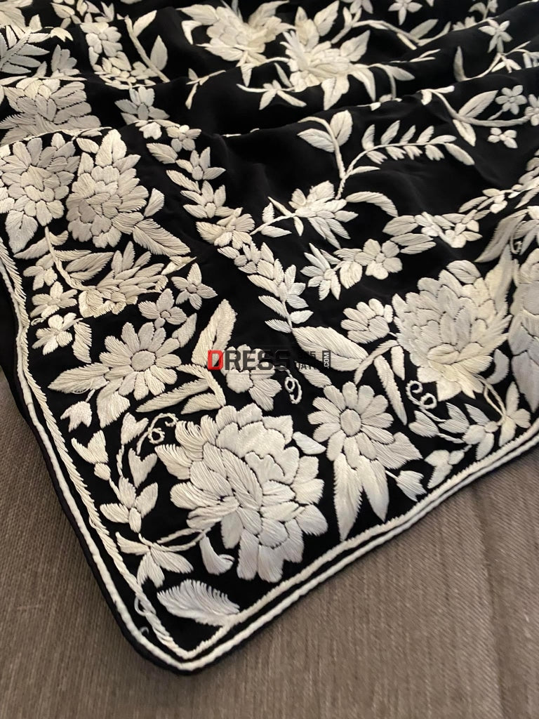Black Ivory Floral Parsi Gara Hand Embroidered Saree- Crepe Silk Saree