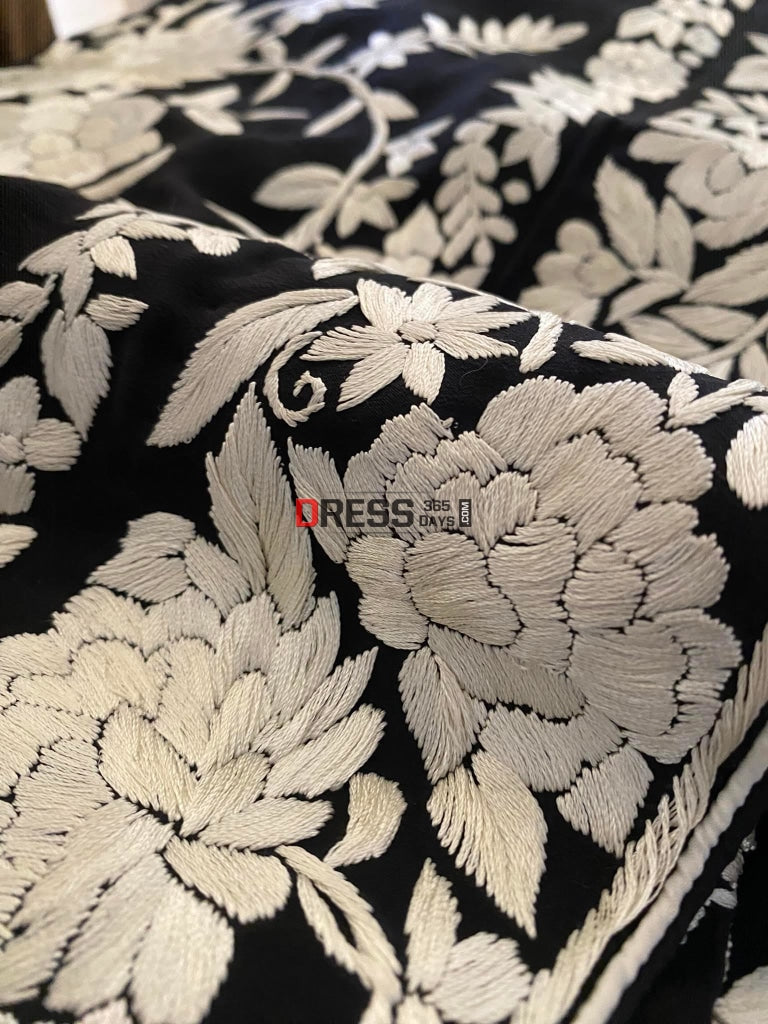 Black Ivory Floral Parsi Gara Hand Embroidered Saree- Crepe Silk Saree