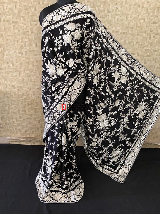 Black Ivory Floral Parsi Gara Hand Embroidered Saree- Crepe Silk Saree