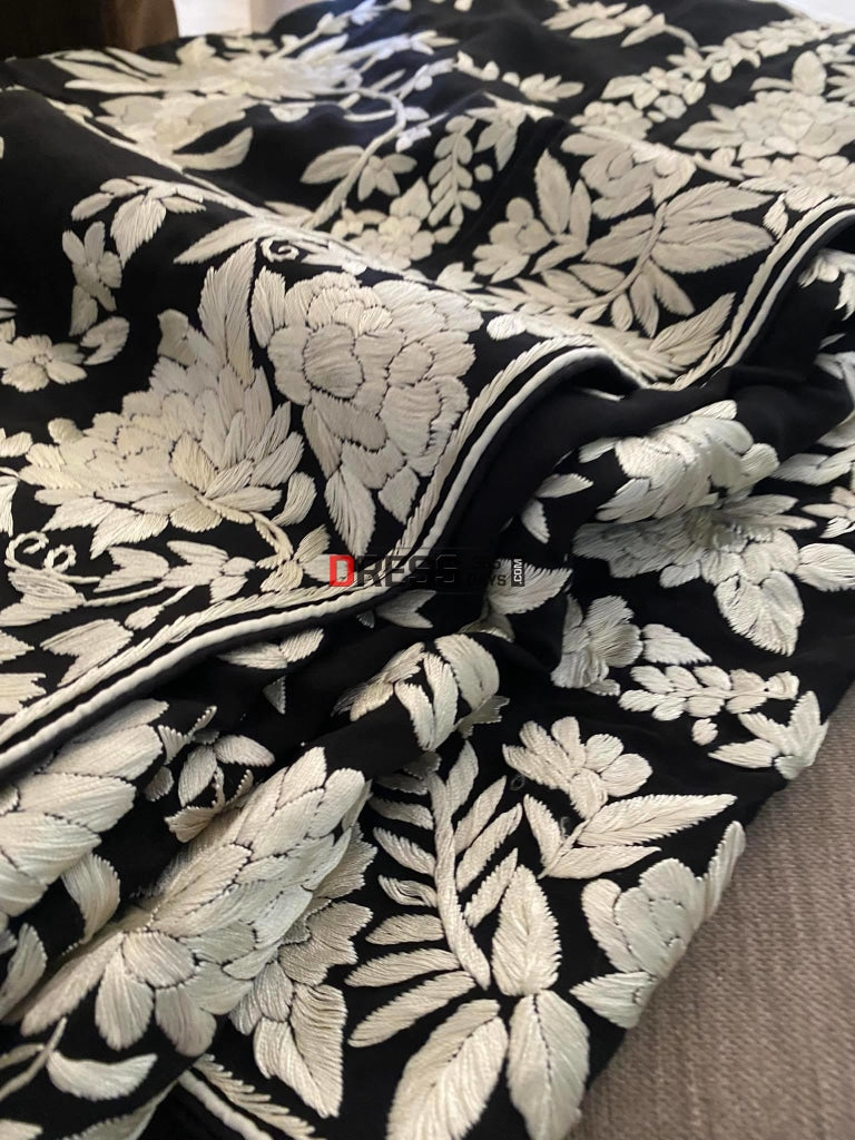 Black Ivory Floral Parsi Gara Hand Embroidered Saree- Crepe Silk Saree