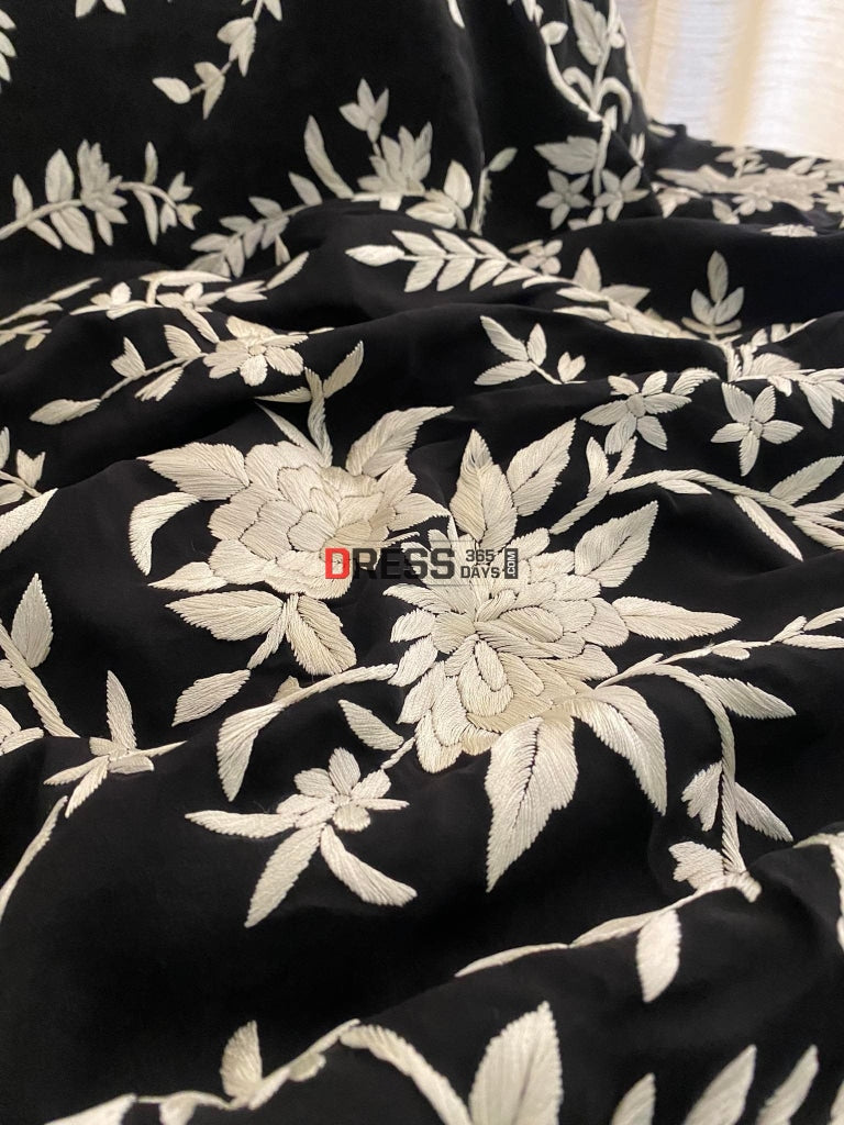 Black Ivory Floral Parsi Gara Hand Embroidered Saree- Crepe Silk Saree