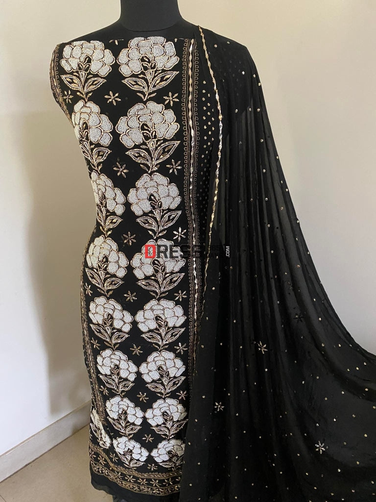 Black Ivory & Kamdani Pearl Work Lucknowi Suit Chikankari Suits
