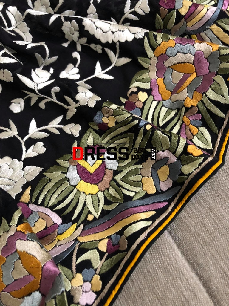 Black Ivory & Multicolour Border Parsi Gara Dupatta