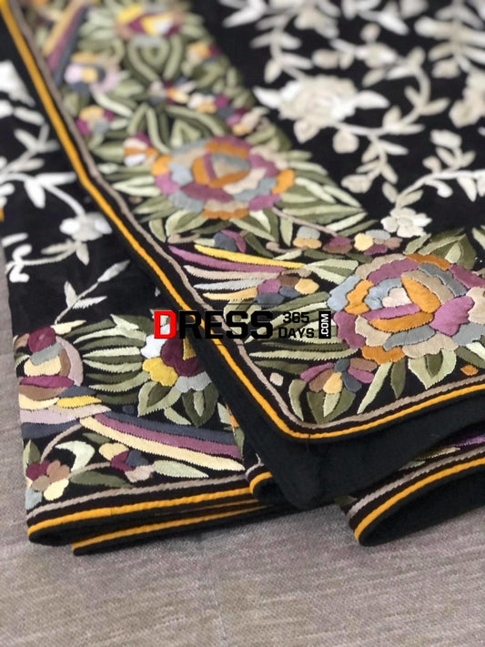 Black Ivory & Multicolour Border Parsi Gara Dupatta