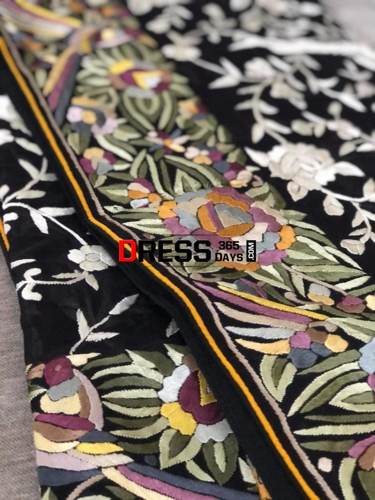 Black Ivory & Multicolour Border Parsi Gara Dupatta