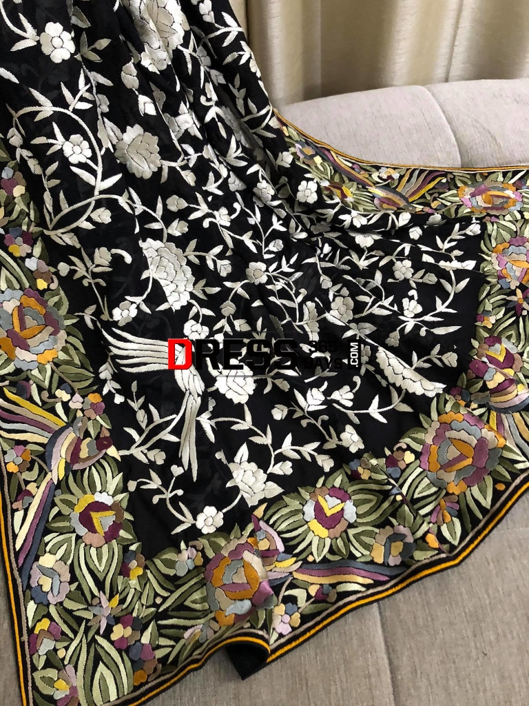 Black Ivory & Multicolour Border Parsi Gara Dupatta