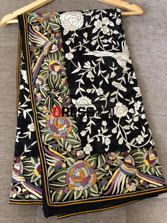 Black Ivory & Multicolour Border Parsi Gara Dupatta