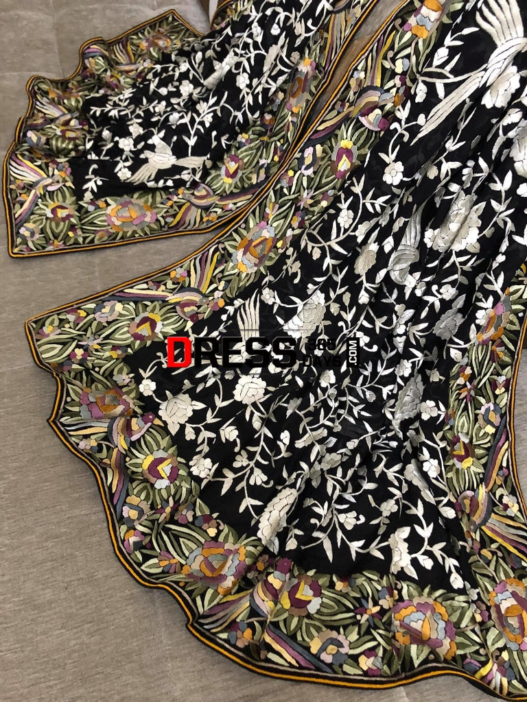 Black Ivory & Multicolour Border Parsi Gara Dupatta