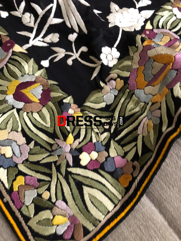 Black Ivory & Multicolour Border Parsi Gara Dupatta