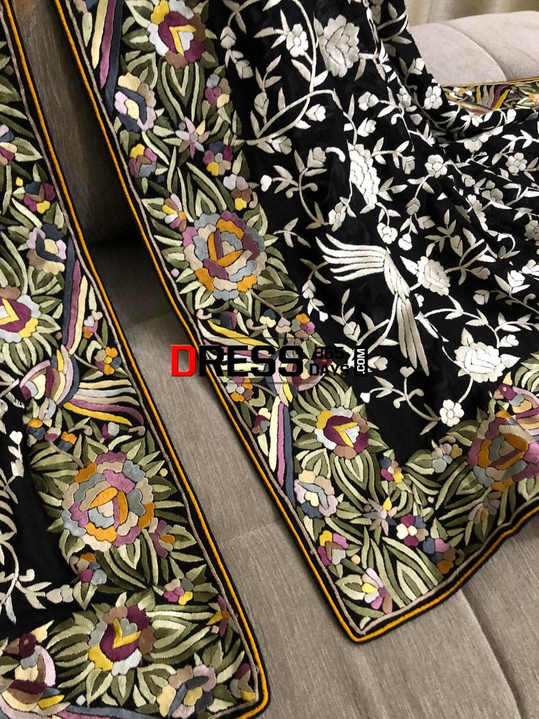 Black Ivory & Multicolour Border Parsi Gara Dupatta