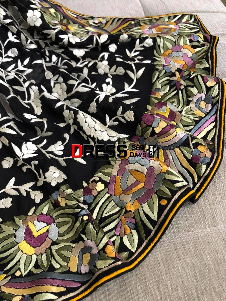 Black Ivory & Multicolour Border Parsi Gara Dupatta