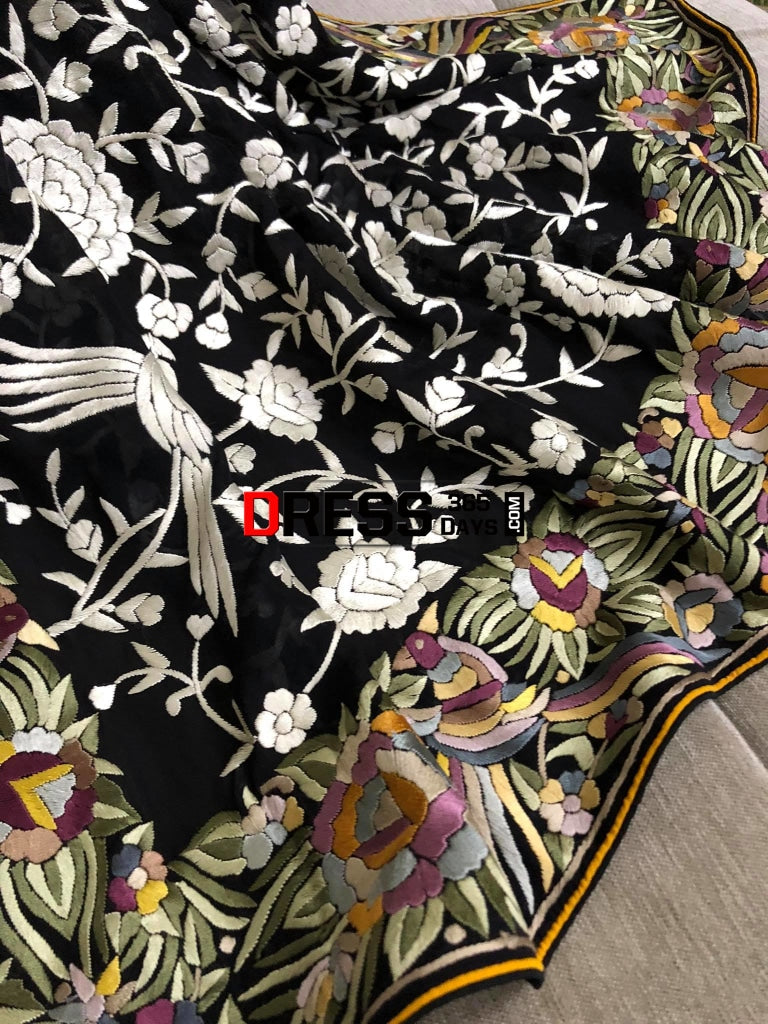 Black Ivory & Multicolour Border Parsi Gara Dupatta