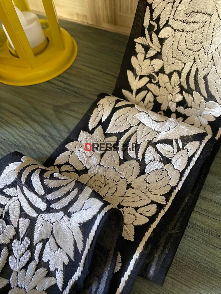 Black & Ivory Parsi Gara Hand Embroidered Border