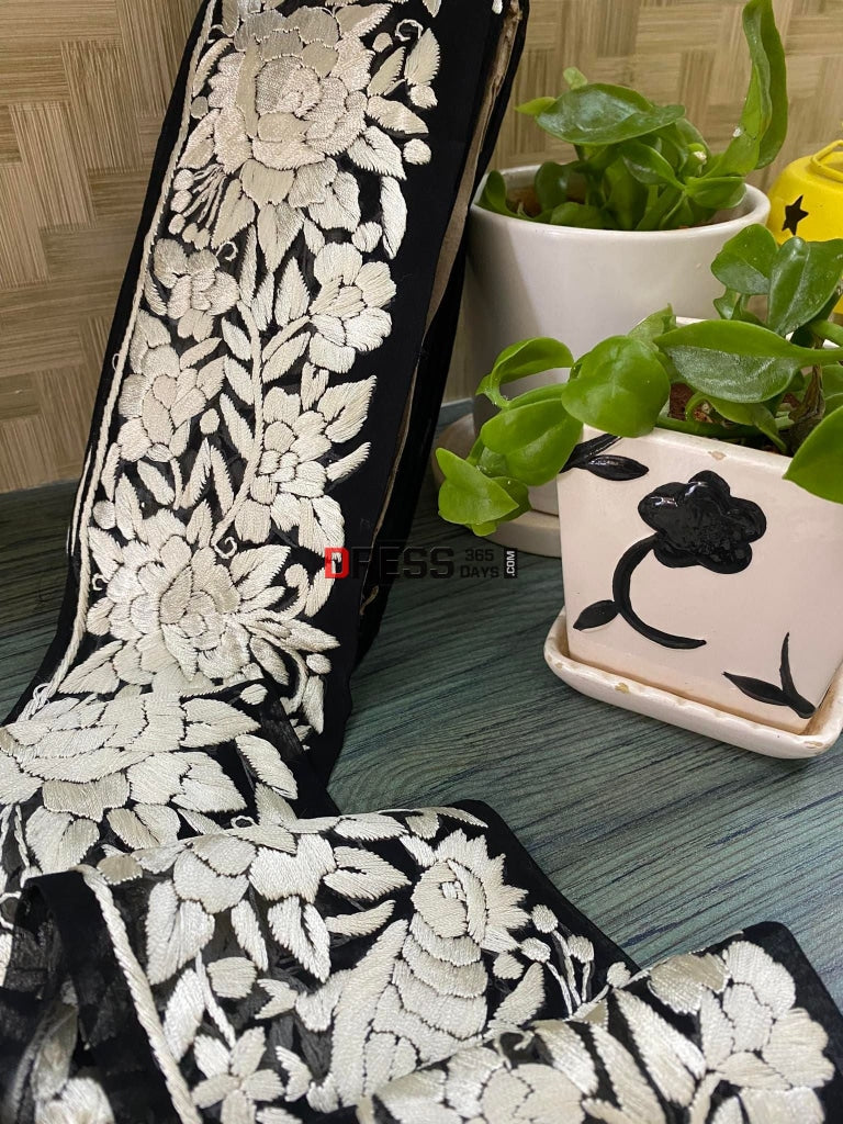 Black & Ivory Parsi Gara Hand Embroidered Border