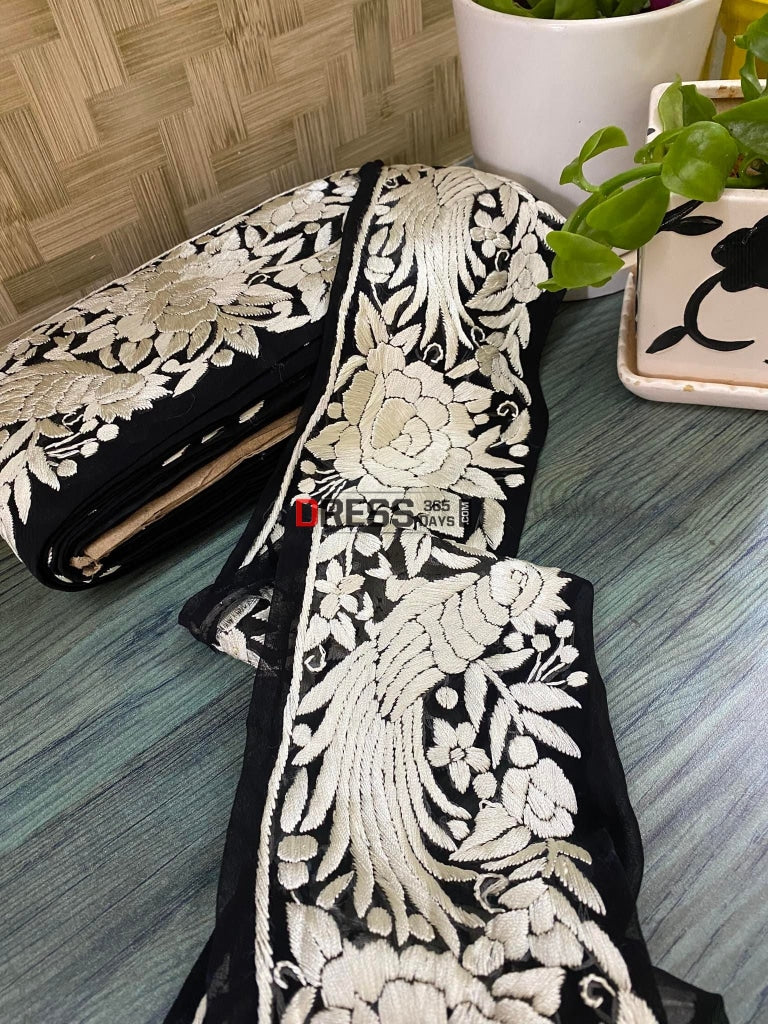 Black & Ivory Parsi Gara Hand Embroidered Border
