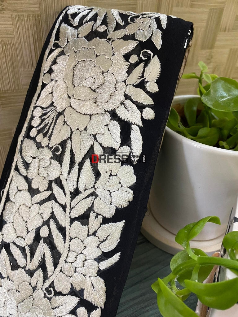 Black & Ivory Parsi Gara Hand Embroidered Border