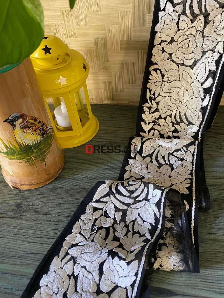 Black & Ivory Parsi Gara Hand Embroidered Border