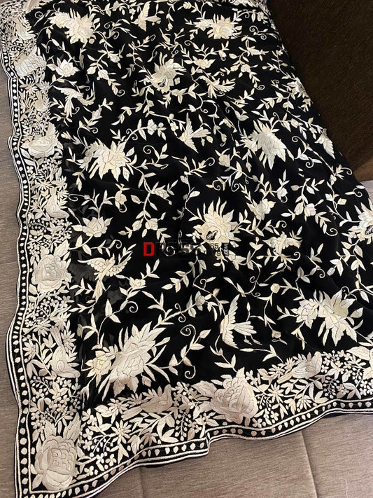 Black & Ivory Parsi Gara Hand Embroidered Saree