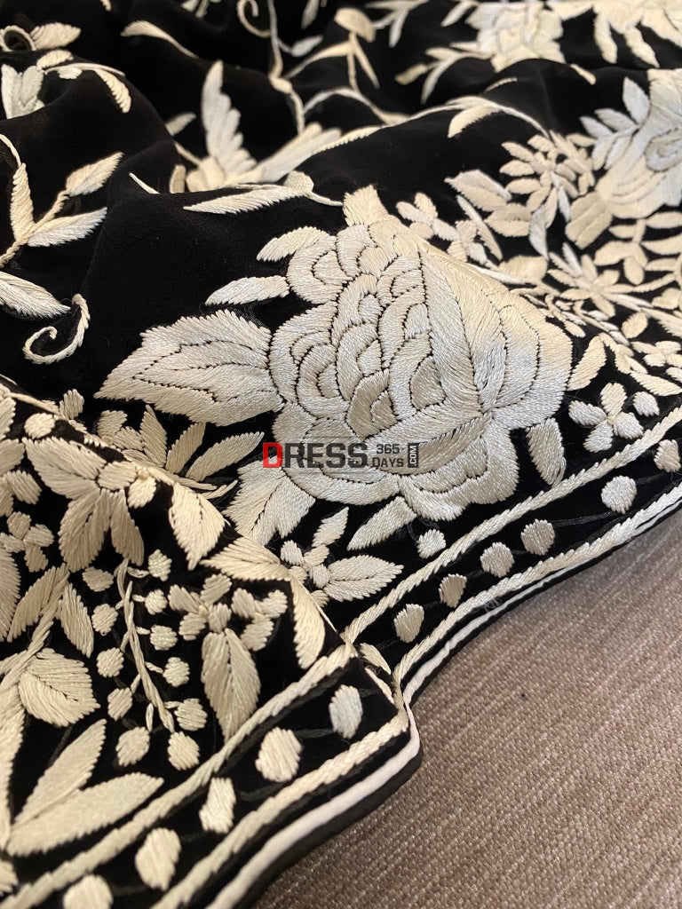 Black & Ivory Parsi Gara Hand Embroidered Saree