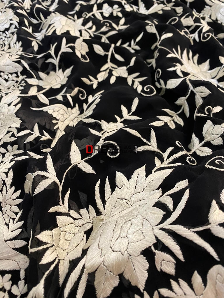 Black & Ivory Parsi Gara Hand Embroidered Saree