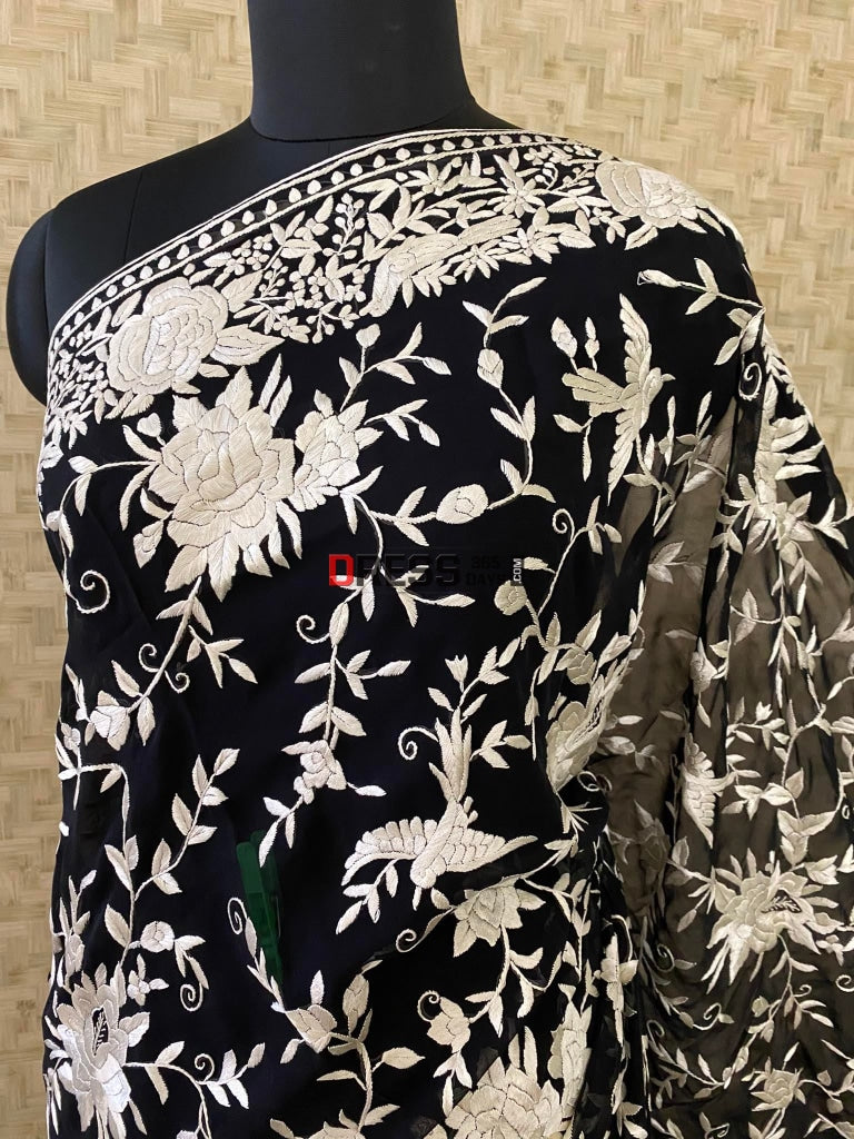 Black & Ivory Parsi Gara Hand Embroidered Saree