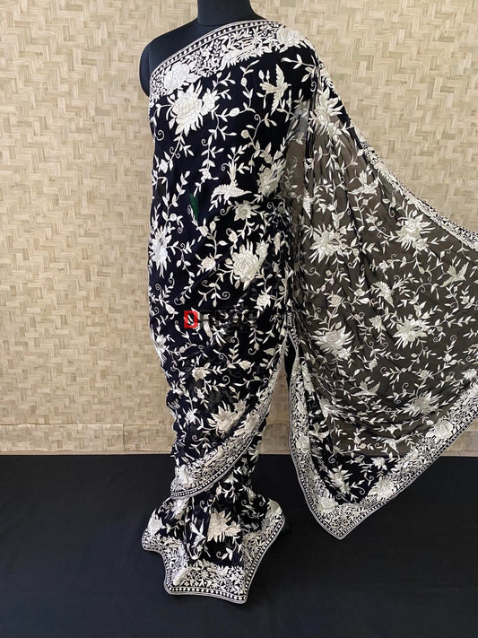 Black & Ivory Parsi Gara Hand Embroidered Saree