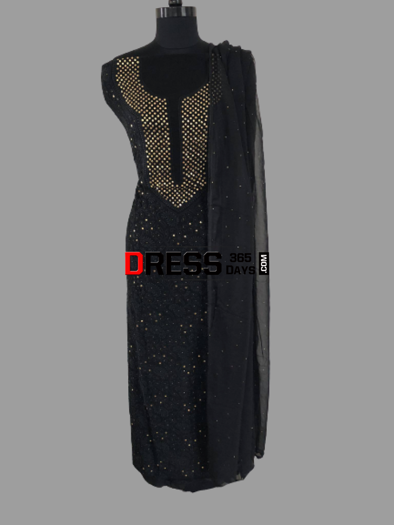 Black Mukaish Neckline Chikankari Kurta Dupatta Suits