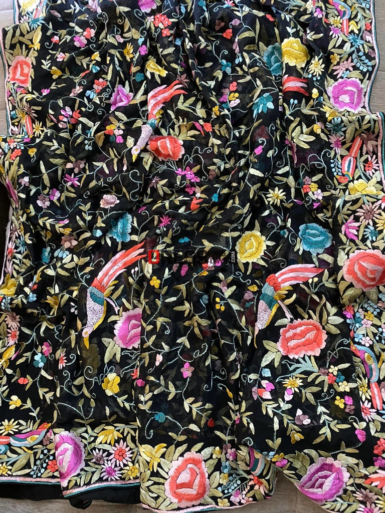 Black Multicolour Parsi Gara Dupatta