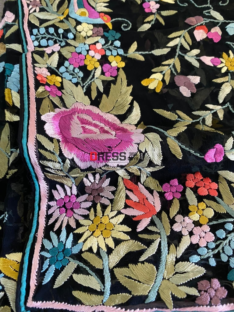 Black Multicolour Parsi Gara Dupatta