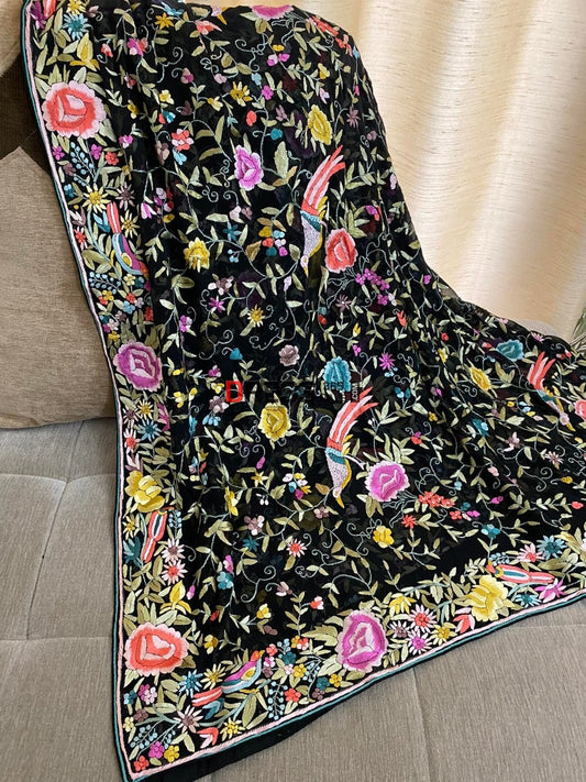 Black Multicolour Parsi Gara Dupatta