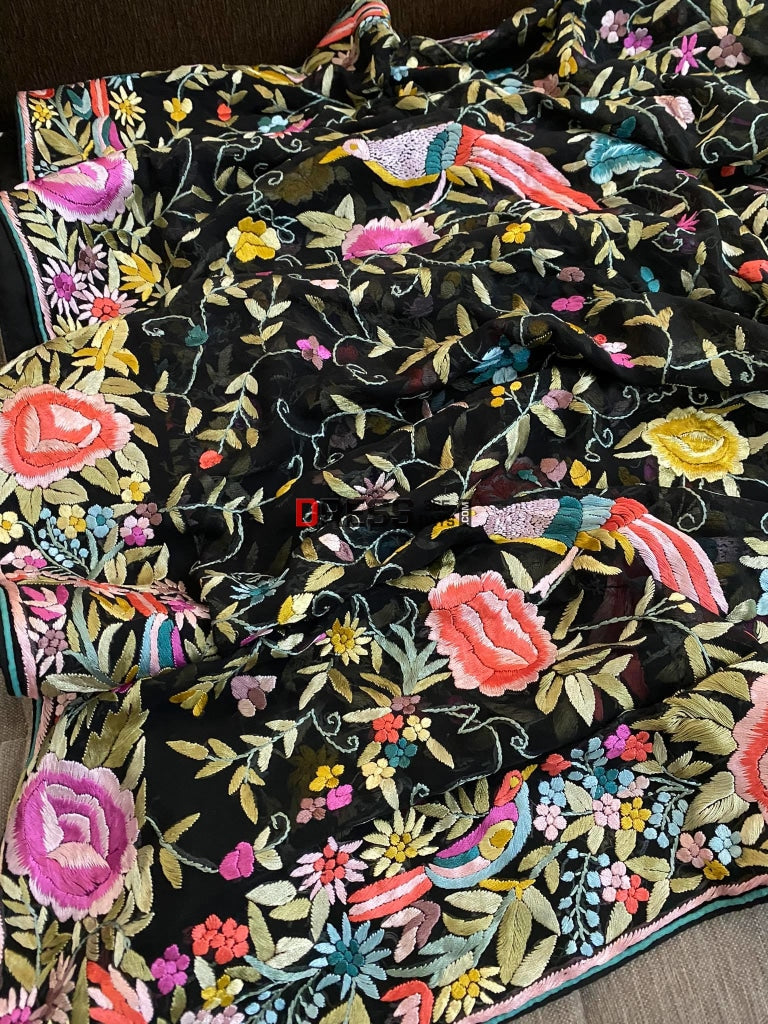 Black Multicolour Parsi Gara Dupatta