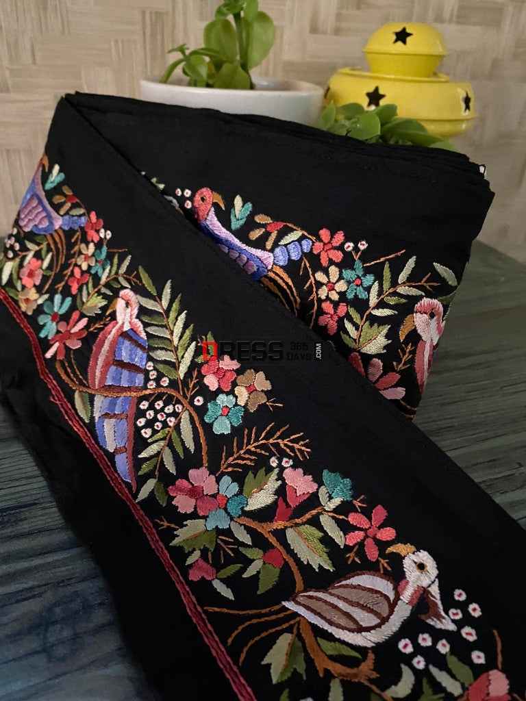 Black-Multicolour Parsi Gara Hand Embroidered Border