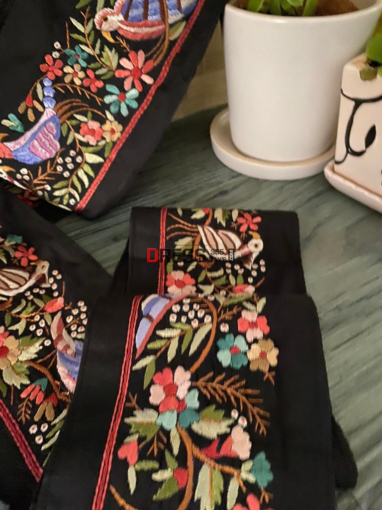Black-Multicolour Parsi Gara Hand Embroidered Border