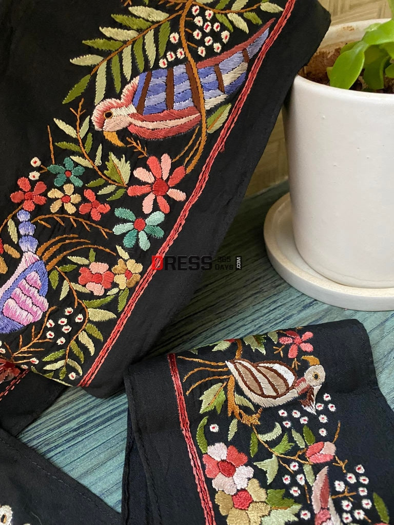 Black-Multicolour Parsi Gara Hand Embroidered Border