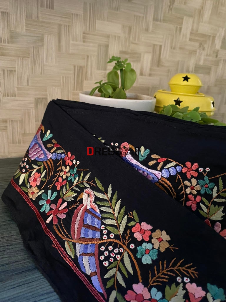 Black-Multicolour Parsi Gara Hand Embroidered Border