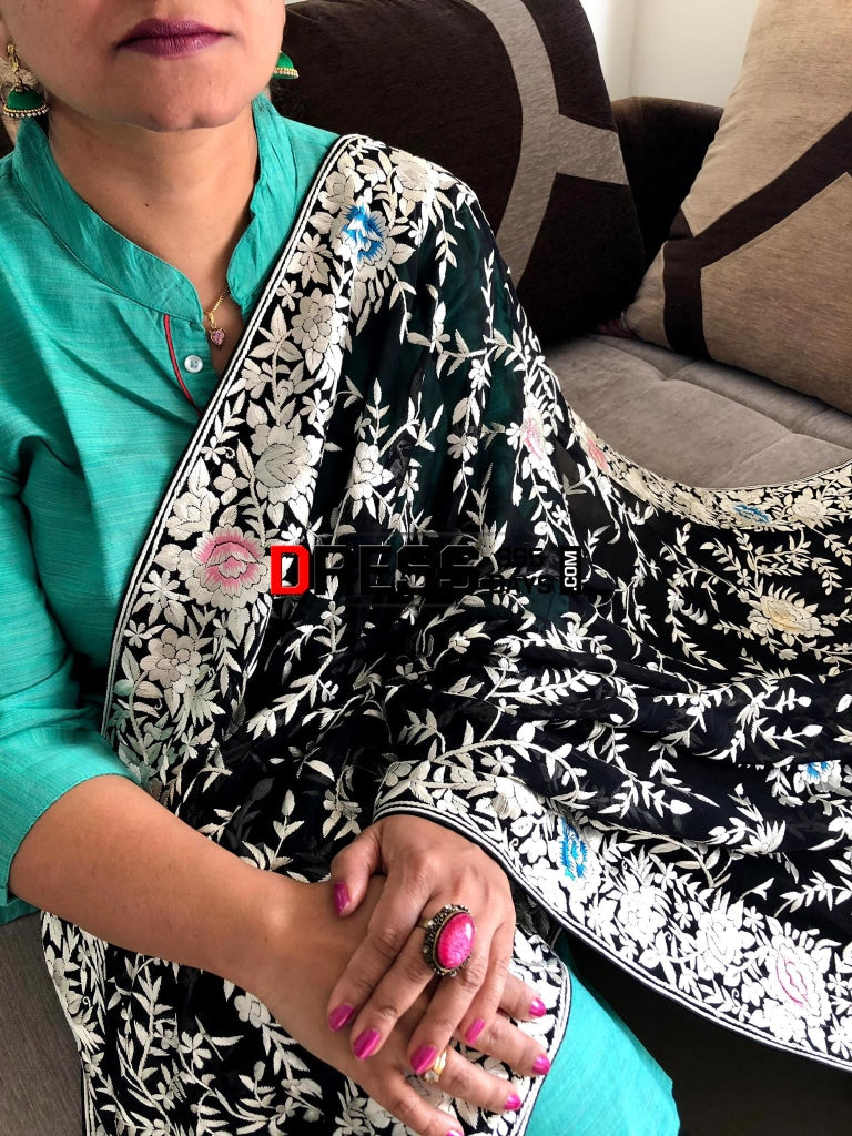 Black Multicolour Parsi Gara Pure Georgette Dupatta