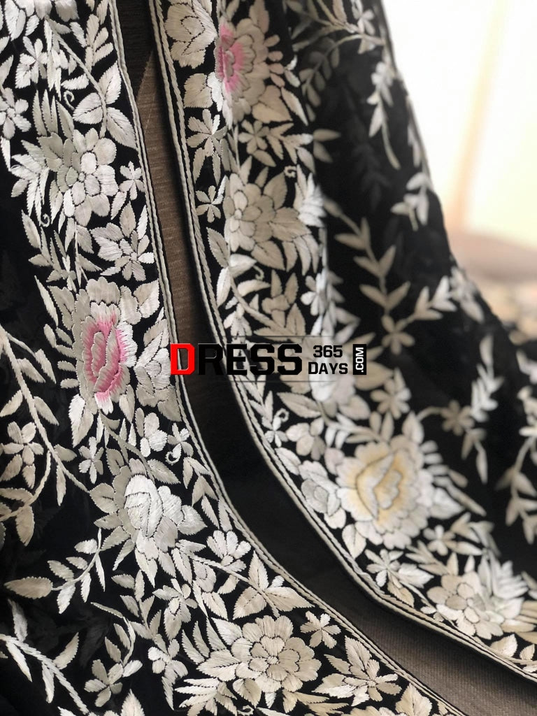 Black Multicolour Parsi Gara Pure Georgette Dupatta