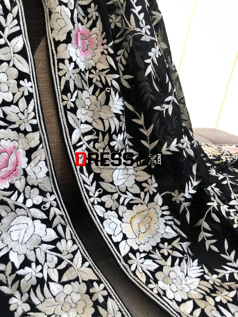 Black Multicolour Parsi Gara Pure Georgette Dupatta