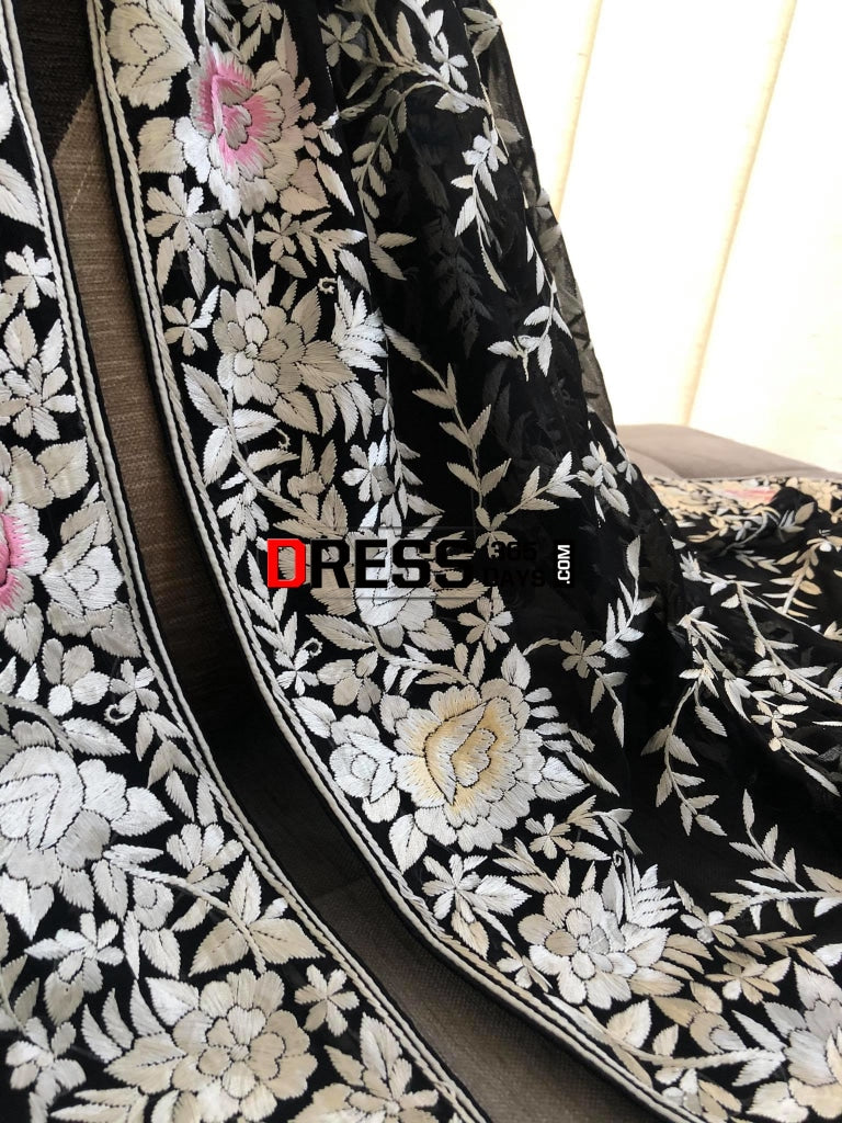 Black Multicolour Parsi Gara Pure Georgette Dupatta