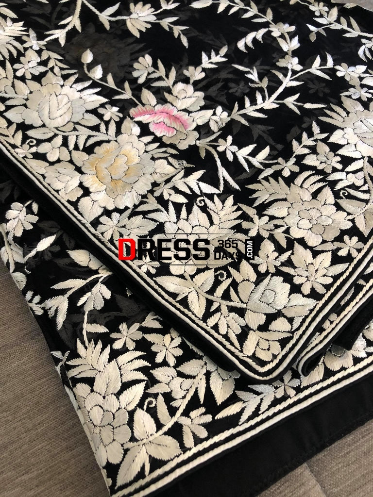 Black Multicolour Parsi Gara Pure Georgette Dupatta
